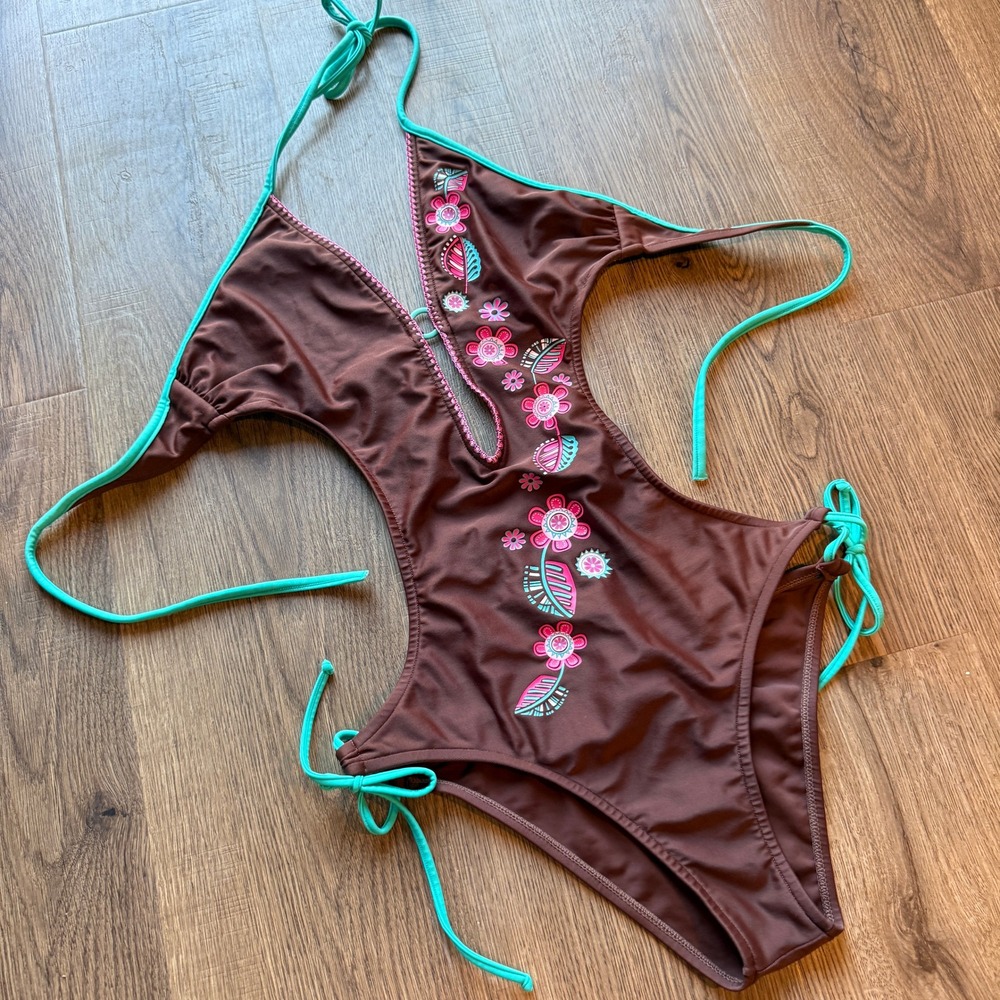 Y2K Leonisa Brown Turquoise‎ Floral Embroidery Cutout Monokini Swimsuit Size M
